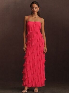 NWT Gianni Bini Taylor Chiffon Straight Neckline Sleeveless Ruffle Long Dress